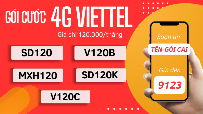Gói cước 4G Viettel 120k/tháng truy cập mạng thả ga suốt 30 ngày