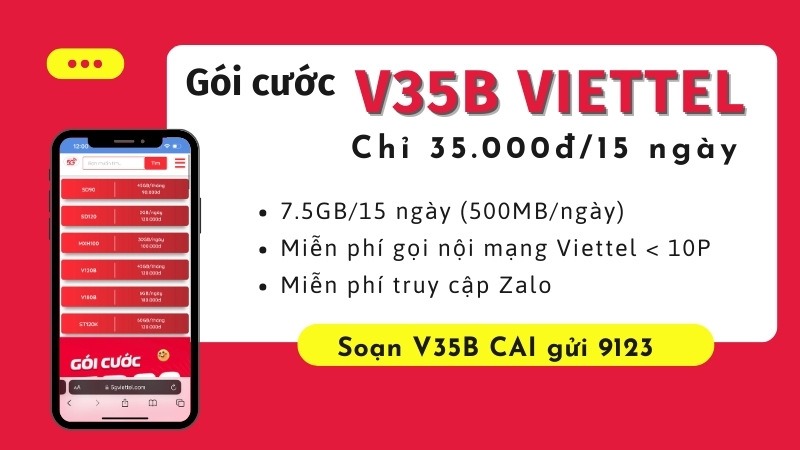 Đăng ký gói cước V35B Viettel có data và gọi dùng 15 ngày