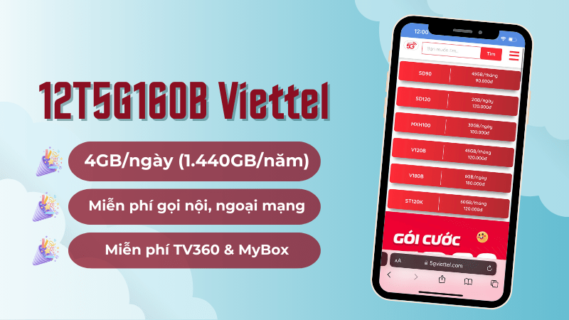 Gói cước 12T5G160B Viettel miễn phí 1440GB/năm, miễn phí gọi