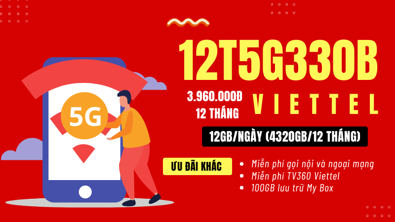 Đăng ký gói cước 12T5G330B Viettel miễn phí 4320GB data và gọi free cả năm